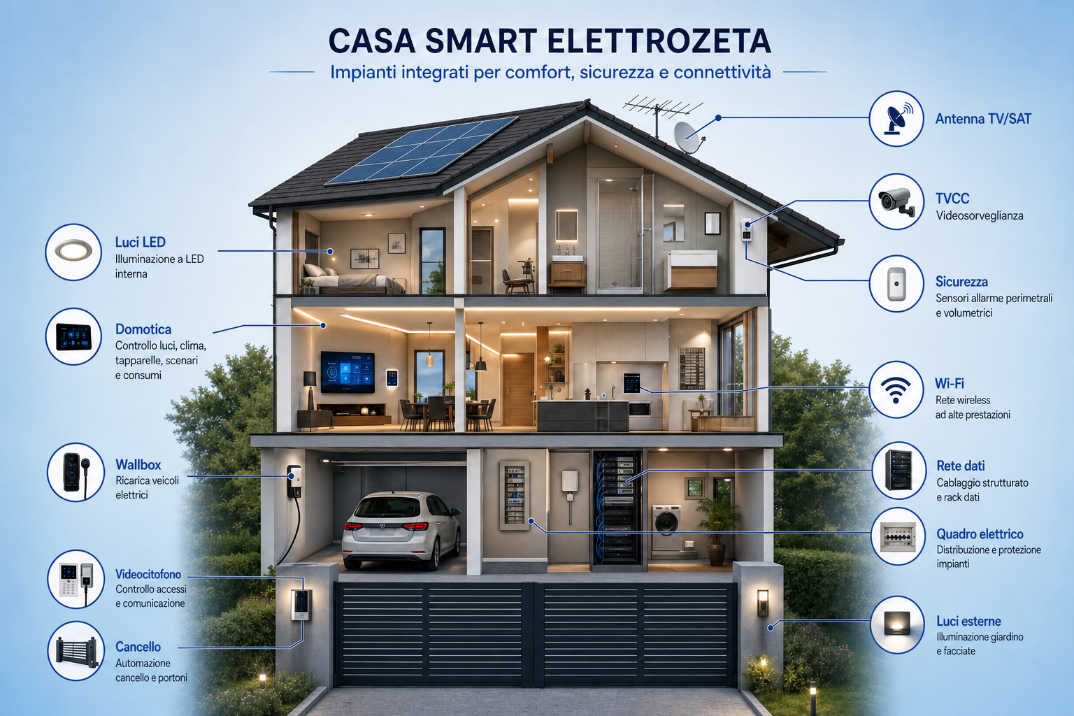 Casa in spaccato con impianti elettrici, elettronici e domotici Elettrozeta